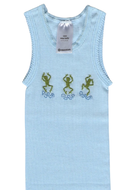 Hand Embroidered Blue Frog Singlet - Little Branches Boutique