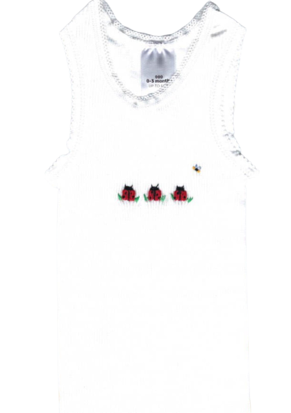 Hand Embroidered White ladybug Singlet - Little Branches Boutique