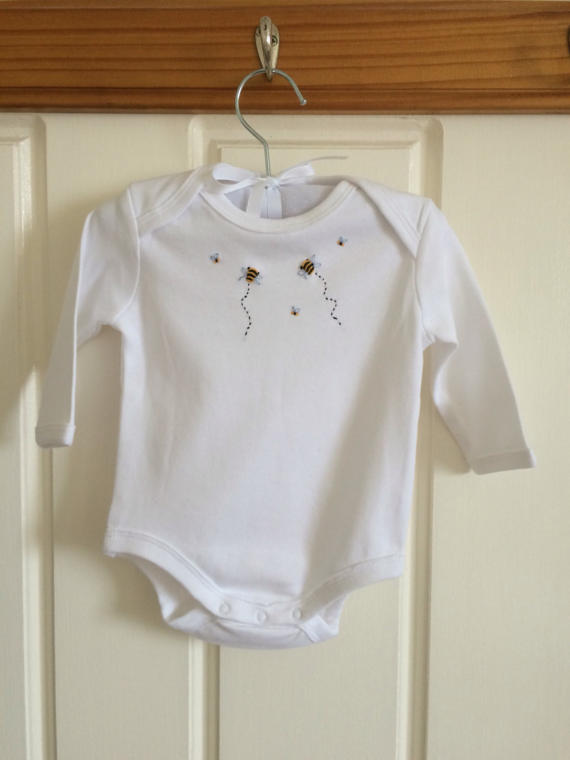Hand Embroidered Long Sleeve Bee Onesie - Little Branches Boutique 