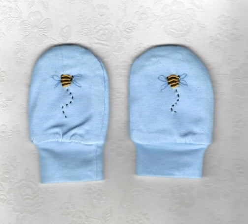 Hand Embroidered Blue Bee Mittens - Little Branches Boutique 