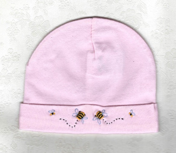 Hand Embroidered Pink Bee Beanie - Little Branches Boutique 