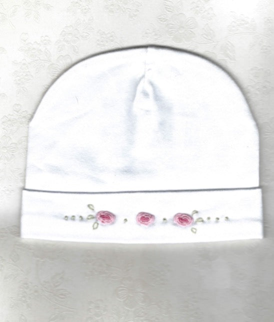 Hand Embroidered White Rose Beanie - Little Branches Boutique 