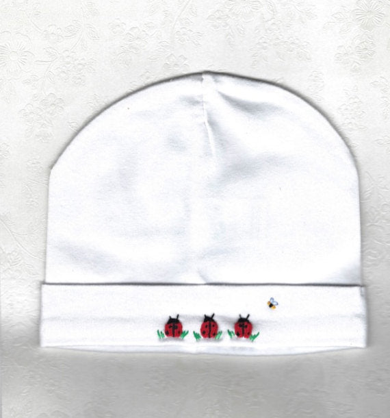 Hand Embroidered White Lady Bug Beanie - Little Branches Boutique 