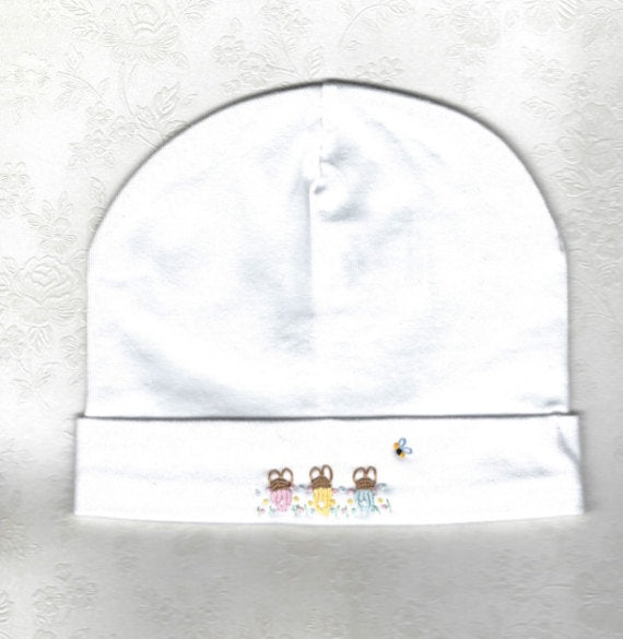Hand Embroidered White Rabbit Beanie - Little Branches Boutique 