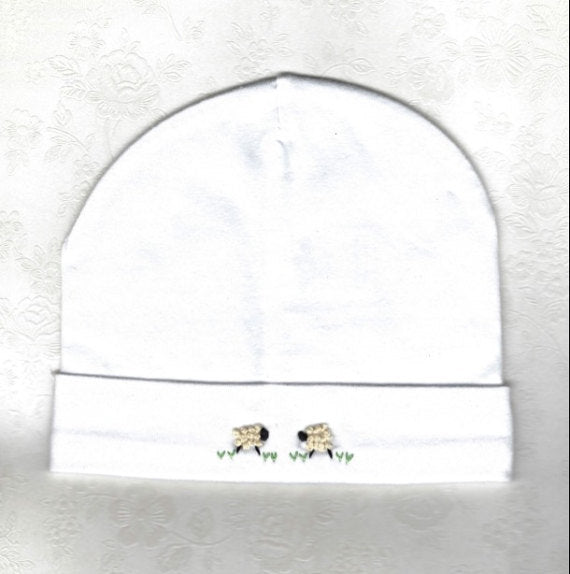 Hand Embroidered White Sheep Beanie - Little Branches Boutique 