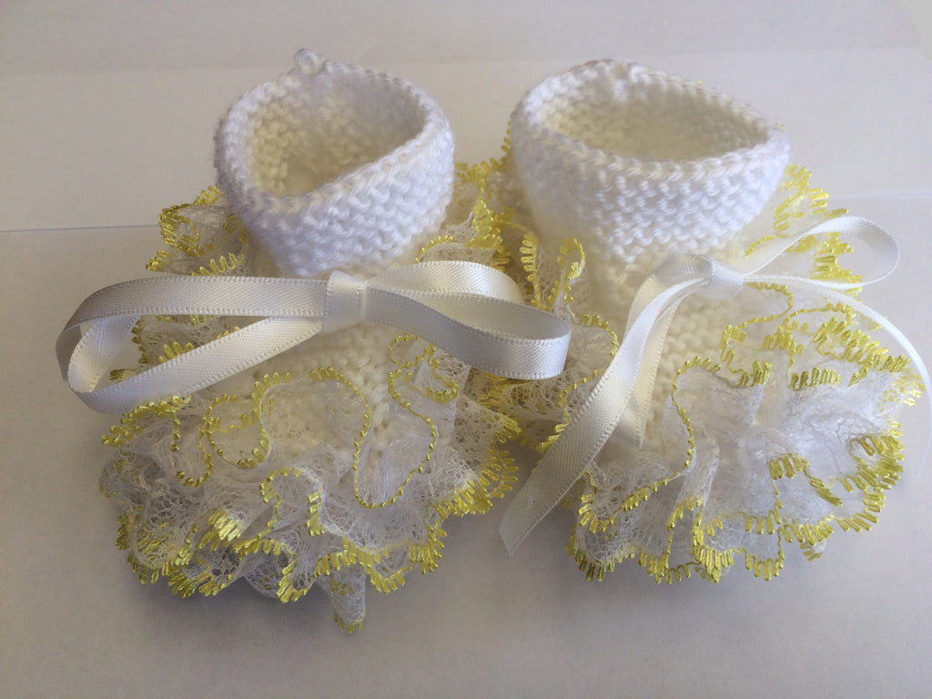 Newborn Knitted White With Yellow Lace Booties - Little Branches Boutique 